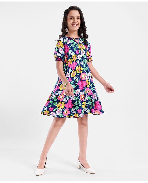 Pine Kids Rayon Three Forth Balloon Sleeves Frock Floral Print - Multicolour
