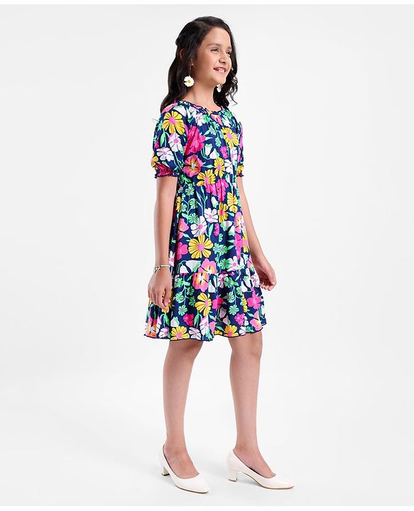 Pine Kids Rayon Three Forth Balloon Sleeves Frock Floral Print - Multicolour
