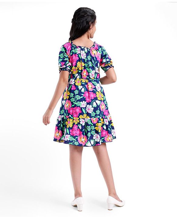 Pine Kids Rayon Three Forth Balloon Sleeves Frock Floral Print - Multicolour