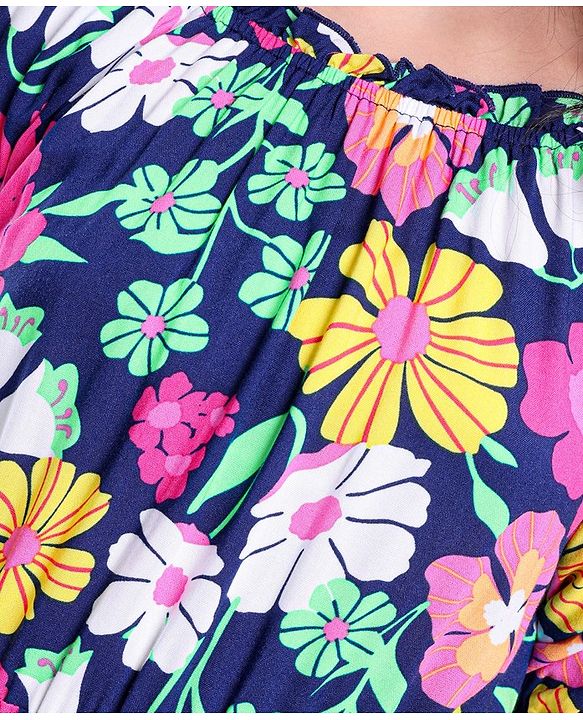 Pine Kids Rayon Three Forth Balloon Sleeves Frock Floral Print - Multicolour