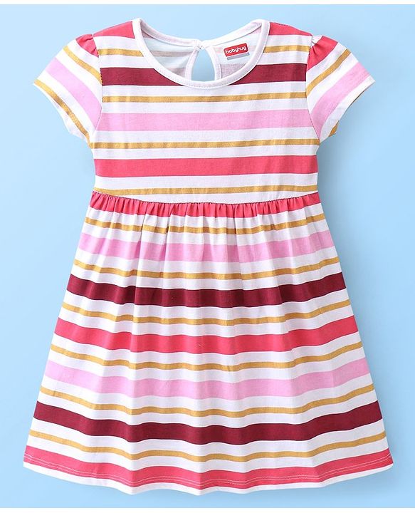 Babyhug 100% Cotton Knit Half Sleeves Frock With Striped - White & Pink