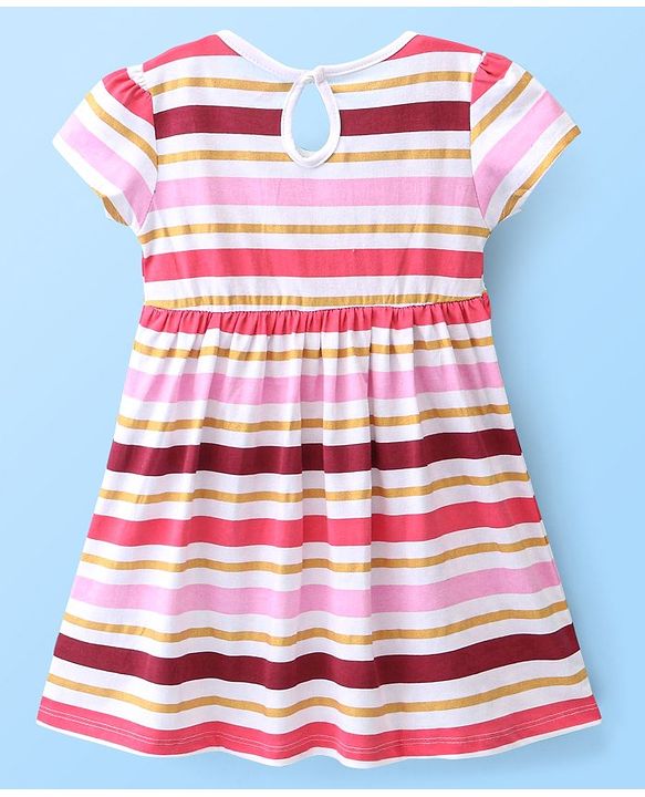Babyhug 100% Cotton Knit Half Sleeves Frock With Striped - White & Pink