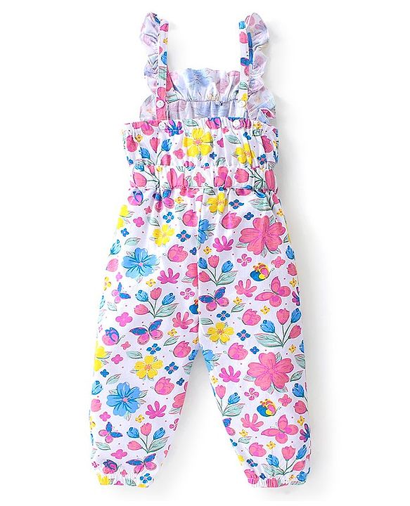 Babyhug 100% Cotton Knit Singlet Jumpsuit with Floral Print - White