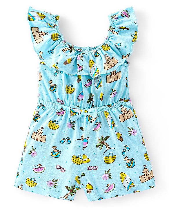 Babyhug 100% Cotton Knitted Sleeveless Beach Theme Jumpsuit with Bow Applique - Mint