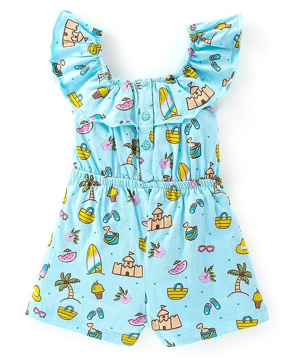 Babyhug 100% Cotton Knitted Sleeveless Beach Theme Jumpsuit with Bow Applique - Mint