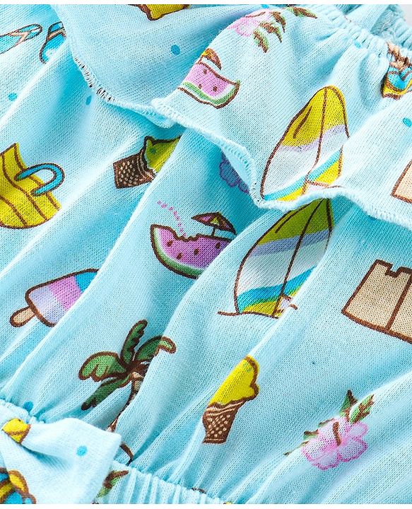 Babyhug 100% Cotton Knitted Sleeveless Beach Theme Jumpsuit with Bow Applique - Mint