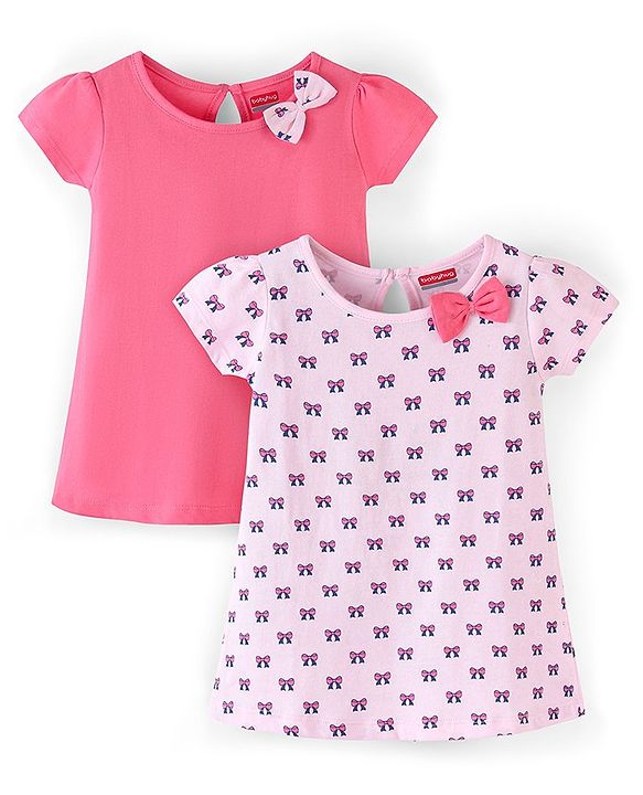 Babyhug 100% Cotton Half Sleeves Bow Print Knitted Frock with Bow Applique Pack Of 2 - Light Pink & Fuschia
