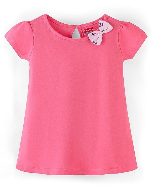 Babyhug 100% Cotton Half Sleeves Bow Print Knitted Frock with Bow Applique Pack Of 2 - Light Pink & Fuschia
