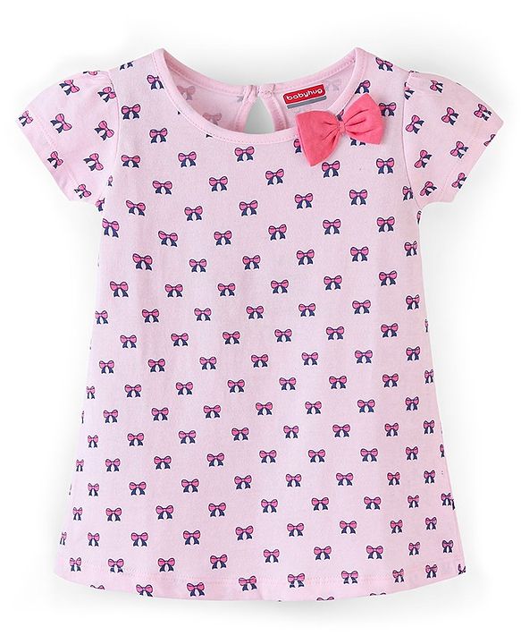 Babyhug 100% Cotton Half Sleeves Bow Print Knitted Frock with Bow Applique Pack Of 2 - Light Pink & Fuschia