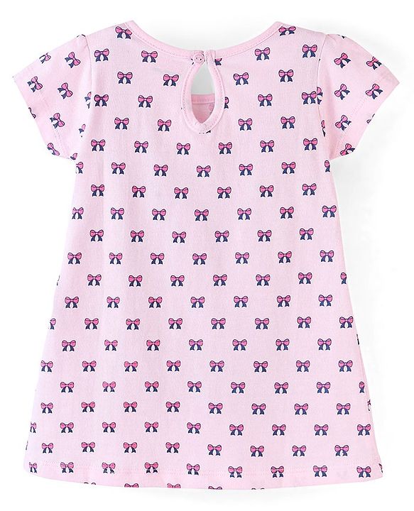 Babyhug 100% Cotton Half Sleeves Bow Print Knitted Frock with Bow Applique Pack Of 2 - Light Pink & Fuschia