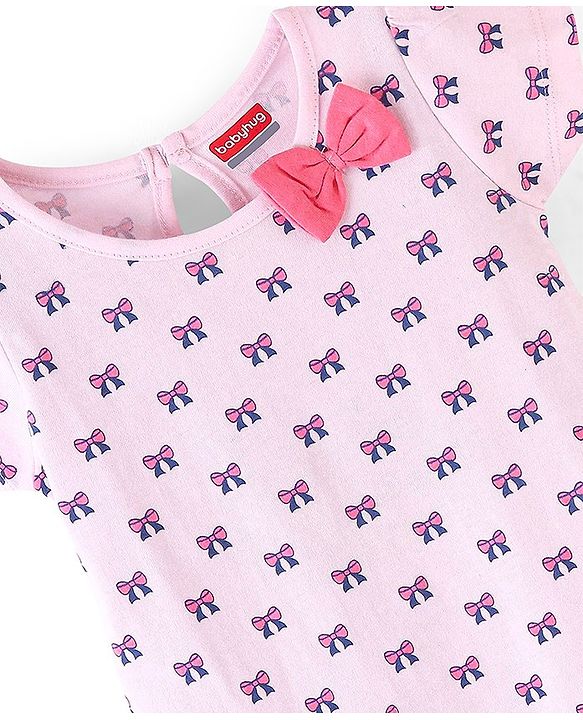 Babyhug 100% Cotton Half Sleeves Bow Print Knitted Frock with Bow Applique Pack Of 2 - Light Pink & Fuschia