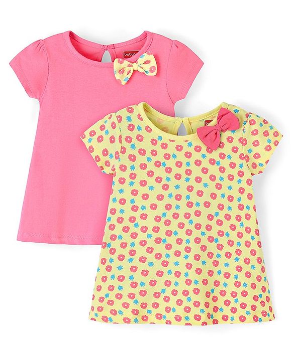Babyhug 100% Cotton Half Sleeves Floral Print Knitted Frock with Bow Applique Pack Of 2 - Yellow & Fuschia