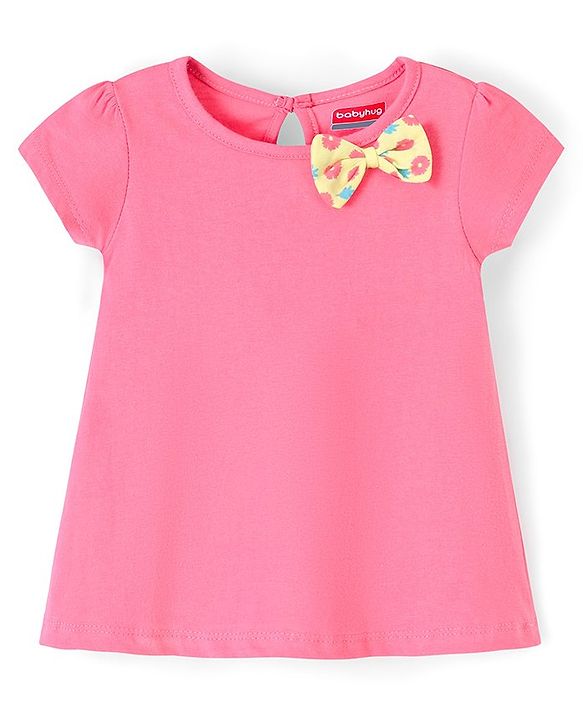 Babyhug 100% Cotton Half Sleeves Floral Print Knitted Frock with Bow Applique Pack Of 2 - Yellow & Fuschia