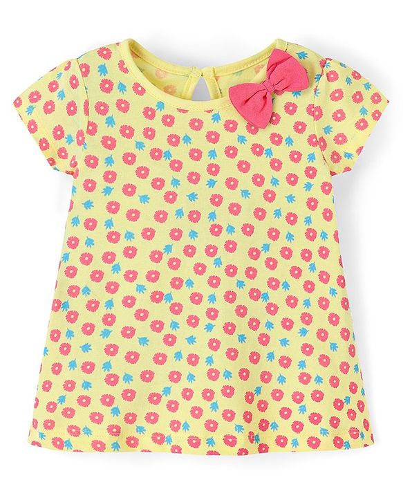 Babyhug 100% Cotton Half Sleeves Floral Print Knitted Frock with Bow Applique Pack Of 2 - Yellow & Fuschia