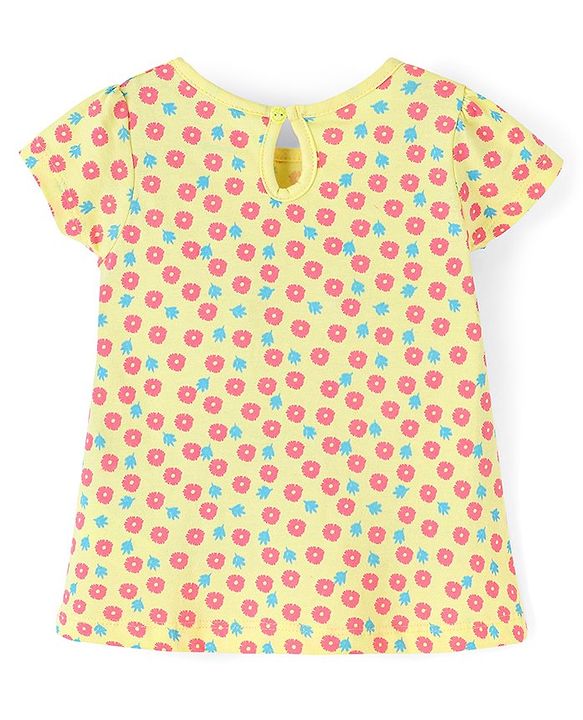 Babyhug 100% Cotton Half Sleeves Floral Print Knitted Frock with Bow Applique Pack Of 2 - Yellow & Fuschia