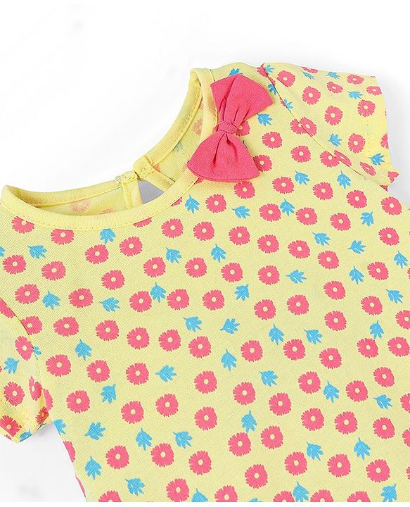 Babyhug 100% Cotton Half Sleeves Floral Print Knitted Frock with Bow Applique Pack Of 2 - Yellow & Fuschia