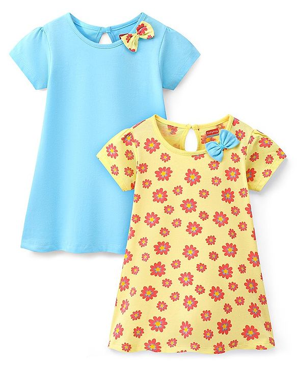 Babyhug 100% Cotton Knit Half Sleeves Floral Print Frock Pack of 2 - Yellow & Blue