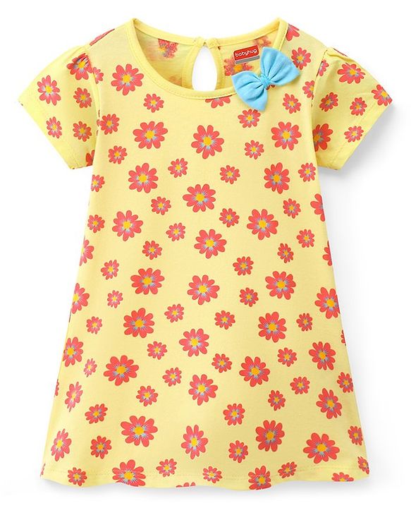 Babyhug 100% Cotton Knit Half Sleeves Floral Print Frock Pack of 2 - Yellow & Blue