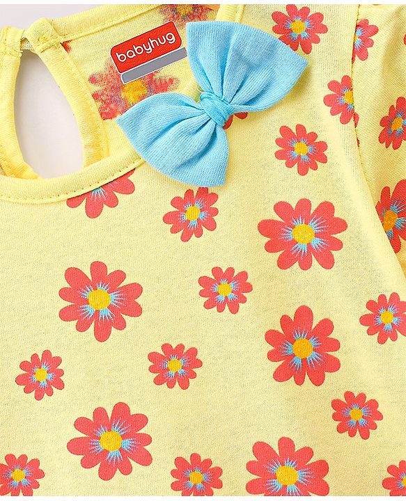 Babyhug 100% Cotton Knit Half Sleeves Floral Print Frock Pack of 2 - Yellow & Blue