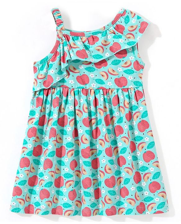 Babyhug 100% Jersey Cotton Knit Sleeveless Ruffled Frock with Fruity Print - Mint