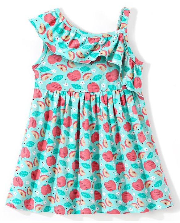 Babyhug 100% Jersey Cotton Knit Sleeveless Ruffled Frock with Fruity Print - Mint