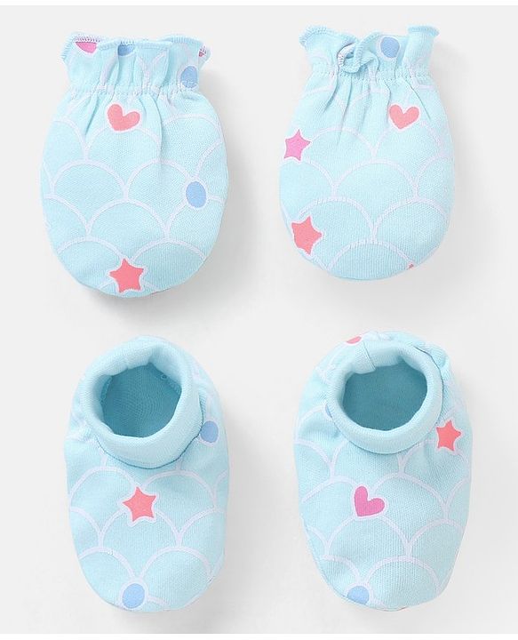Babyhug 100% Cotton Mittens And Booties Heart & Star Print - Blue