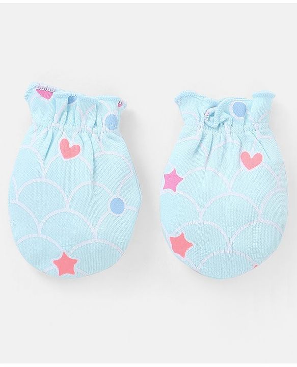 Babyhug 100% Cotton Mittens And Booties Heart & Star Print - Blue