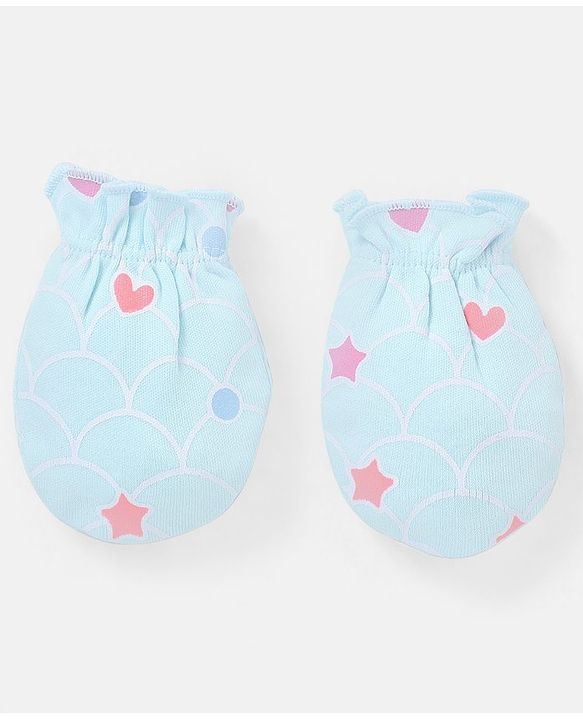Babyhug 100% Cotton Mittens And Booties Heart & Star Print - Blue