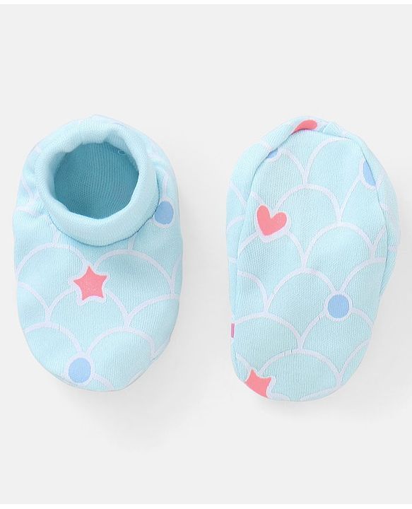 Babyhug 100% Cotton Mittens And Booties Heart & Star Print - Blue