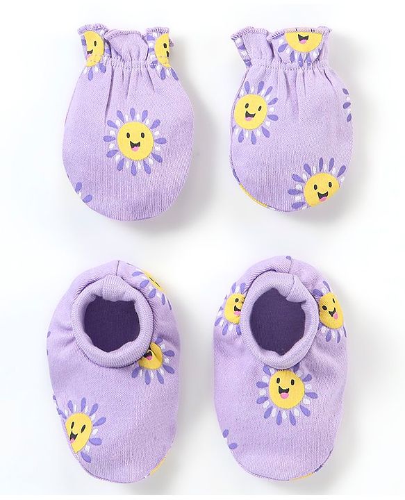 Babyhug 100% Cotton Knit Mittens & Booties Set Sun Print - Purple