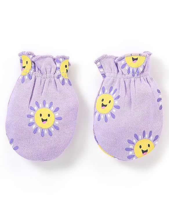 Babyhug 100% Cotton Knit Mittens & Booties Set Sun Print - Purple