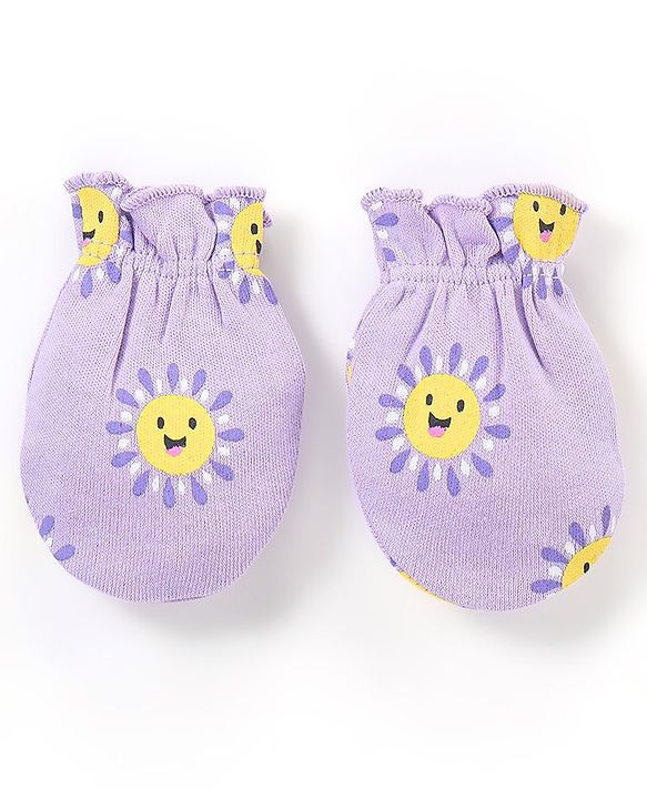 Babyhug 100% Cotton Knit Mittens & Booties Set Sun Print - Purple