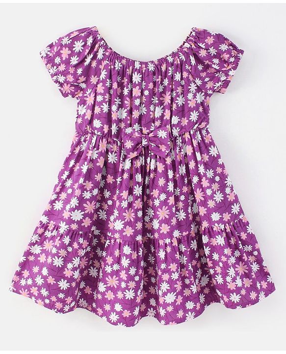 Babyhug Rayon Woven Short Sleeves Frock with Bow Floral Print - Lilac