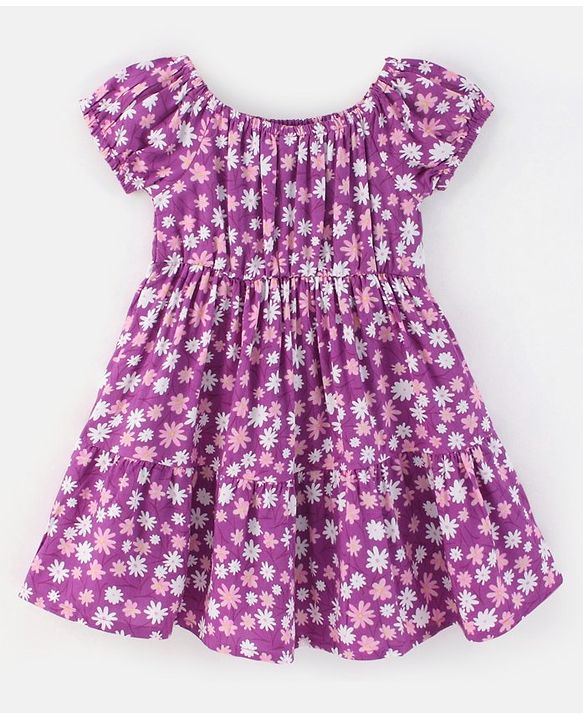 Babyhug Rayon Woven Short Sleeves Frock with Bow Floral Print - Lilac