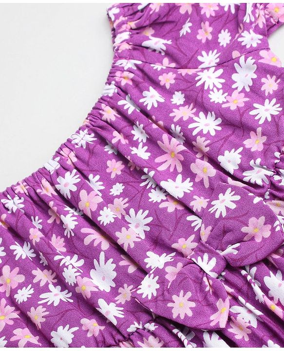 Babyhug Rayon Woven Short Sleeves Frock with Bow Floral Print - Lilac