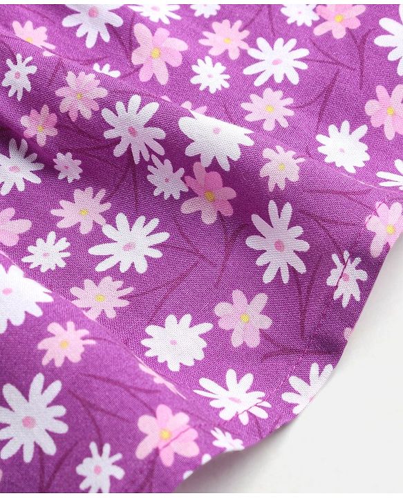 Babyhug Rayon Woven Short Sleeves Frock with Bow Floral Print - Lilac