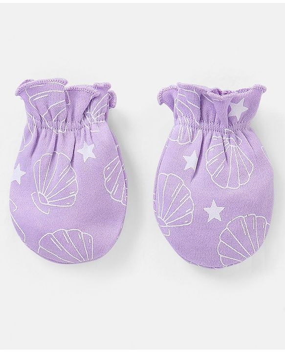 Babyhug 100% Cotton Mittens And Booties Shells Print - Purple