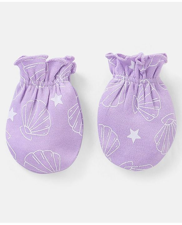 Babyhug 100% Cotton Mittens And Booties Shells Print - Purple