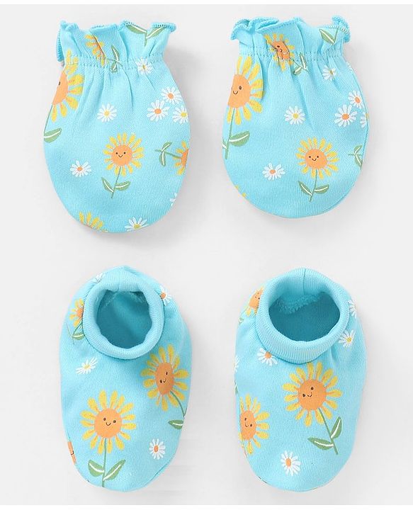 Babyhug 100% Cotton Mittens And Booties Sunflower Print - Blue & Yellow