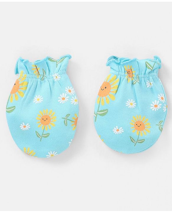 Babyhug 100% Cotton Mittens And Booties Sunflower Print - Blue & Yellow