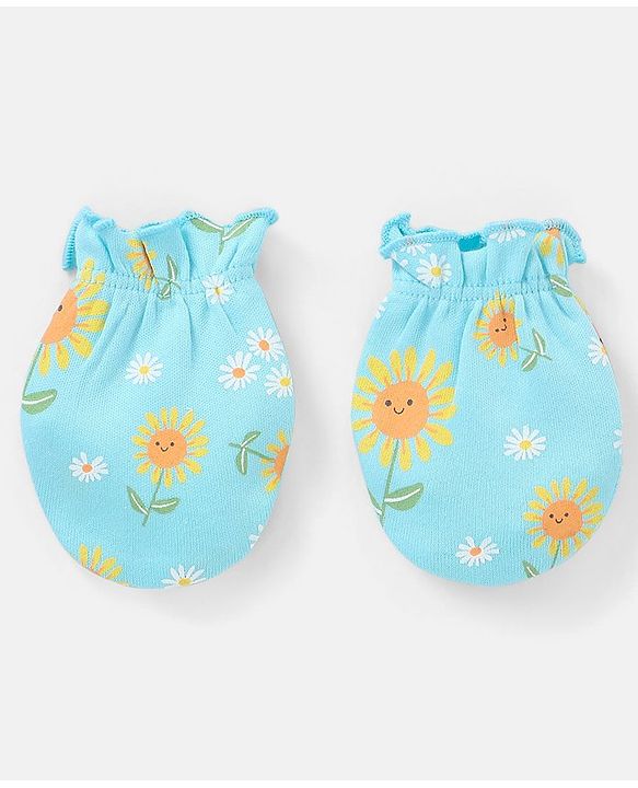 Babyhug 100% Cotton Mittens And Booties Sunflower Print - Blue & Yellow