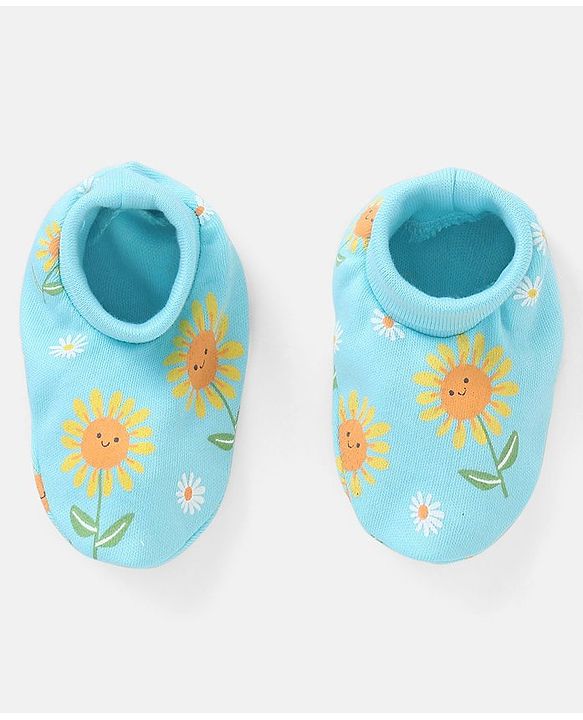 Babyhug 100% Cotton Mittens And Booties Sunflower Print - Blue & Yellow