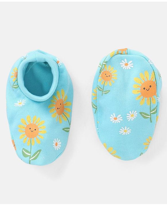 Babyhug 100% Cotton Mittens And Booties Sunflower Print - Blue & Yellow