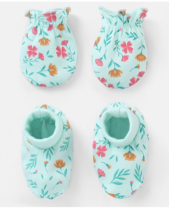 Babyhug 100% Cotton Mittens And Booties Floral Print - Blue