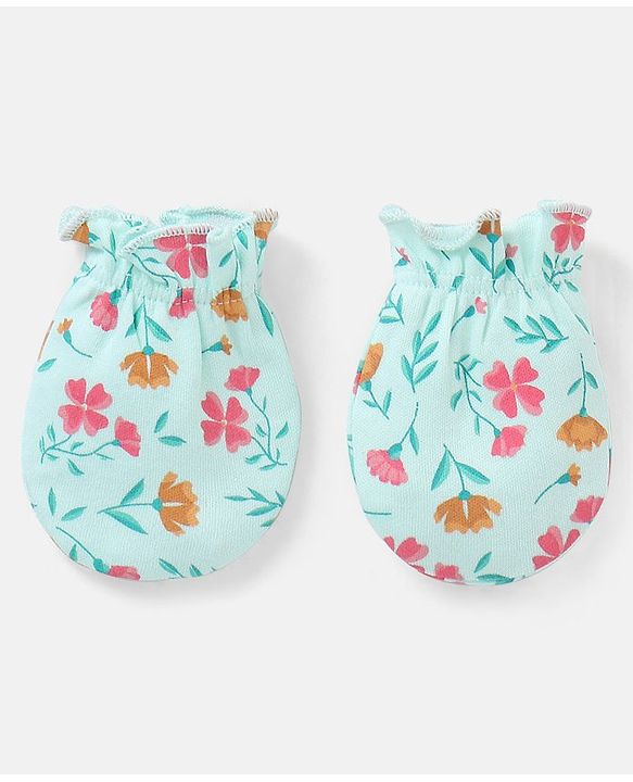 Babyhug 100% Cotton Mittens And Booties Floral Print - Blue