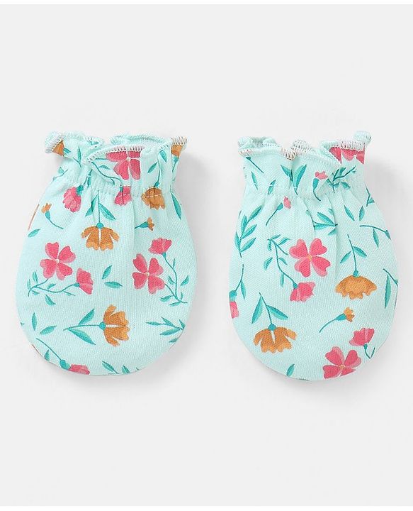 Babyhug 100% Cotton Mittens And Booties Floral Print - Blue