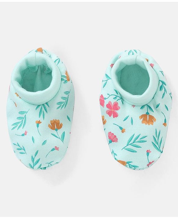 Babyhug 100% Cotton Mittens And Booties Floral Print - Blue