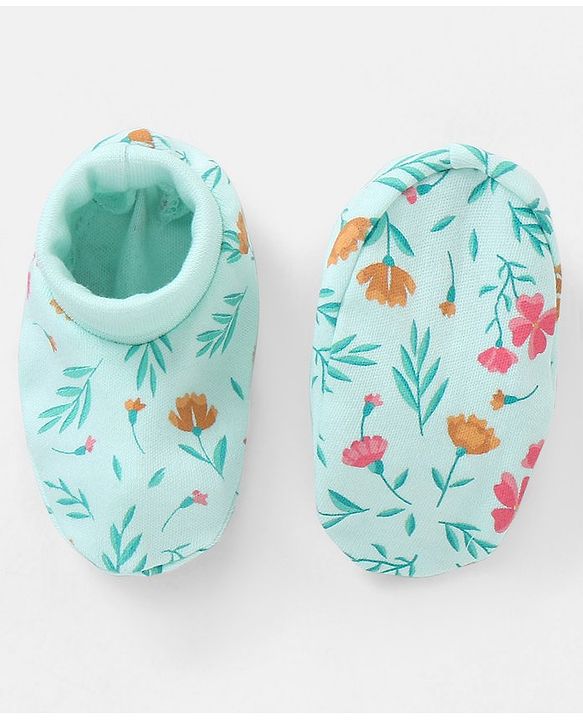 Babyhug 100% Cotton Mittens And Booties Floral Print - Blue