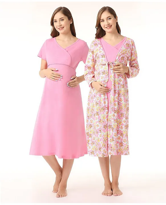 Shop Floral Print Short Sleeves Maternity Nightdress and Textured Robe Set  Online | Max Kuwait
