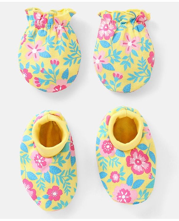 Babyhug 100% Cotton Knit Mittens & Booties Set Floral Print - Yellow
